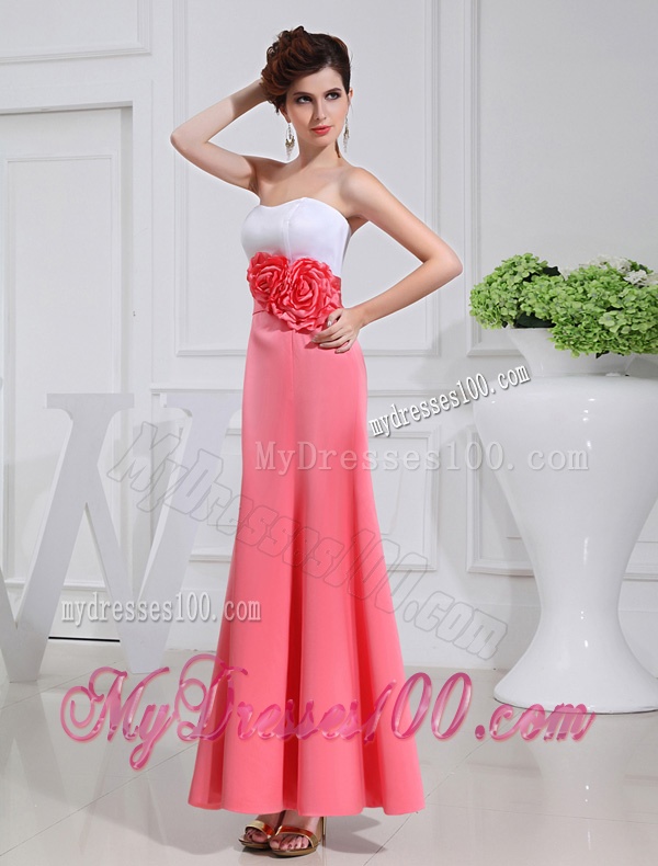 A-line Swaetheart Taffeta Watermelon Evening Dress with Hand Made Flowers