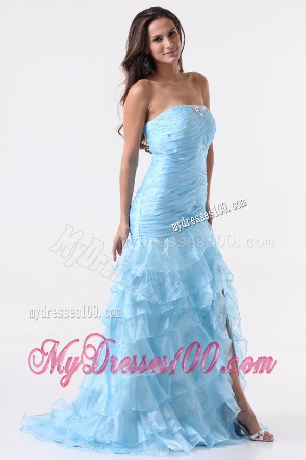 Aqua Blue Mermaid Strapless Evening Dress with Beading and Layers