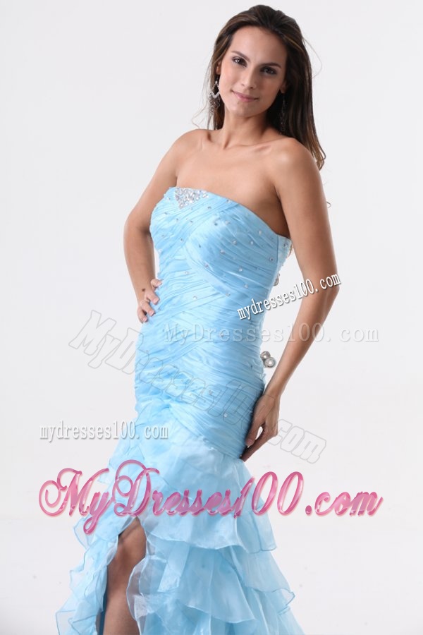 Aqua Blue Mermaid Strapless Evening Dress with Beading and Layers