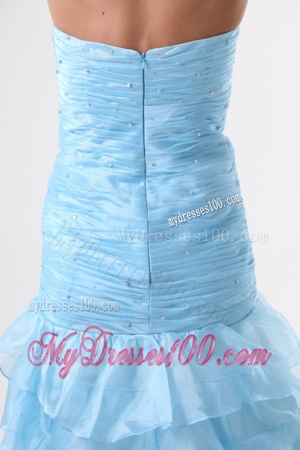 Aqua Blue Mermaid Strapless Evening Dress with Beading and Layers