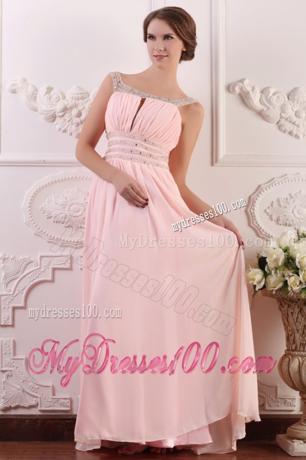 Baby Pink Empire Scoop Straps Evening Dress with Beading and Ruching