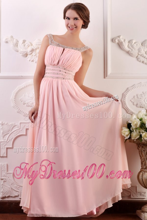 Baby Pink Empire Scoop Straps Evening Dress with Beading and Ruching