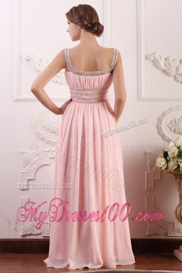 Baby Pink Empire Scoop Straps Evening Dress with Beading and Ruching