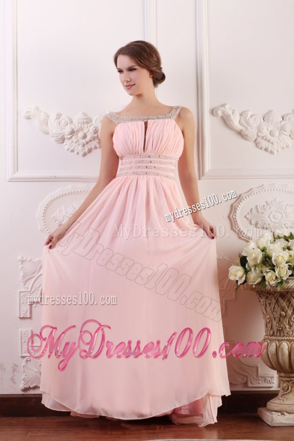 Baby Pink Empire Scoop Straps Evening Dress with Beading and Ruching