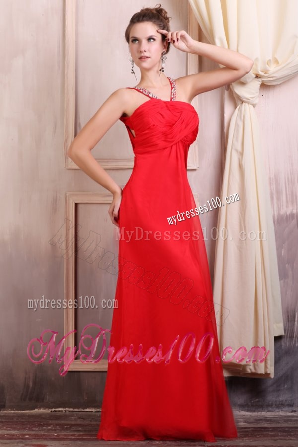 Beaded Decorate Straps Chiffon Long Red Evening Dress with Ruching