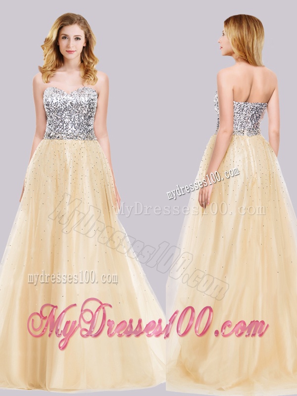 Best Selling A Line Tulle Champagne Evening Dress with Sequins
