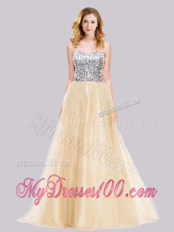 Best Selling A Line Tulle Champagne Evening Dress with Sequins