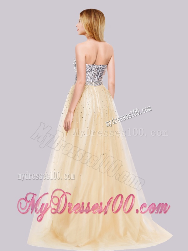 Best Selling A Line Tulle Champagne Evening Dress with Sequins