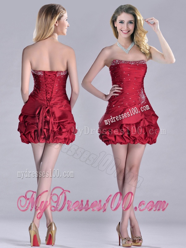 Classical Taffeta Wine Red Short Evening Dress with Beading and Bubbles