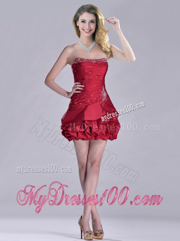 Classical Taffeta Wine Red Short Evening Dress with Beading and Bubbles