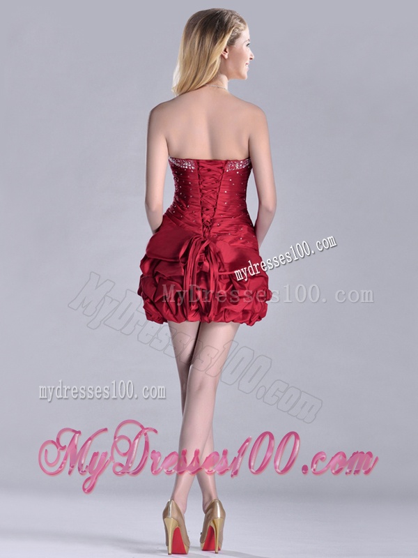 Classical Taffeta Wine Red Short Evening Dress with Beading and Bubbles