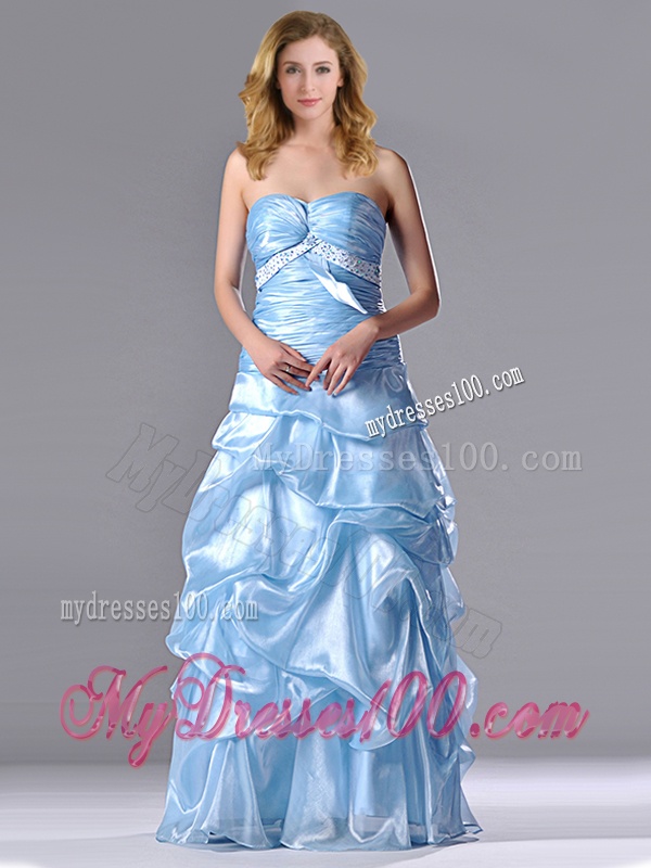 Column Long Light Blue Beaded and Ruched Evening Dress in Organza