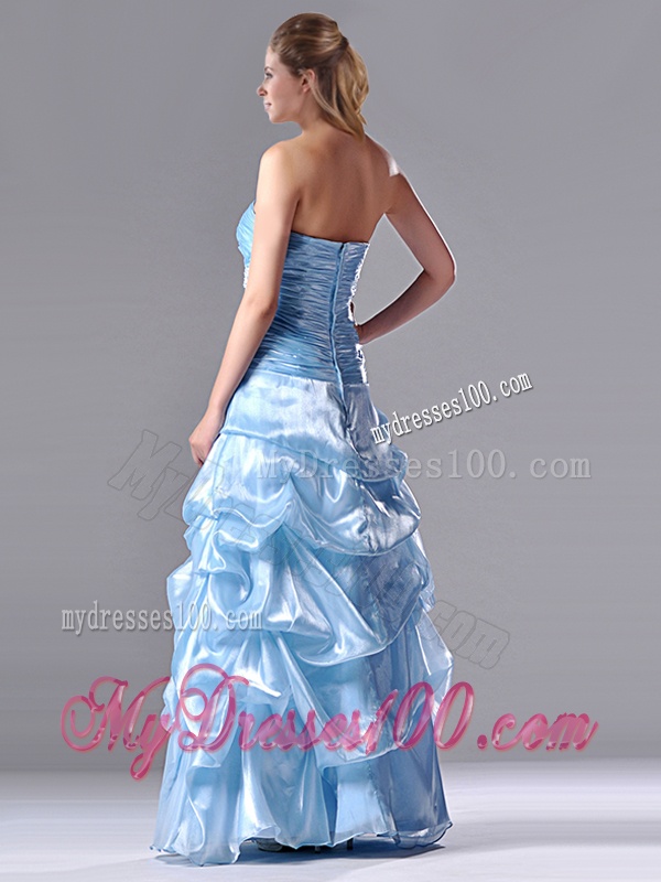 Column Long Light Blue Beaded and Ruched Evening Dress in Organza