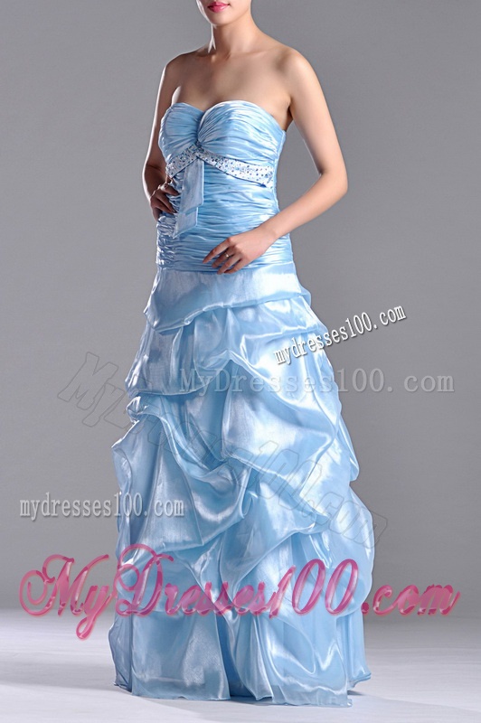 Column Long Light Blue Beaded and Ruched Evening Dress in Organza