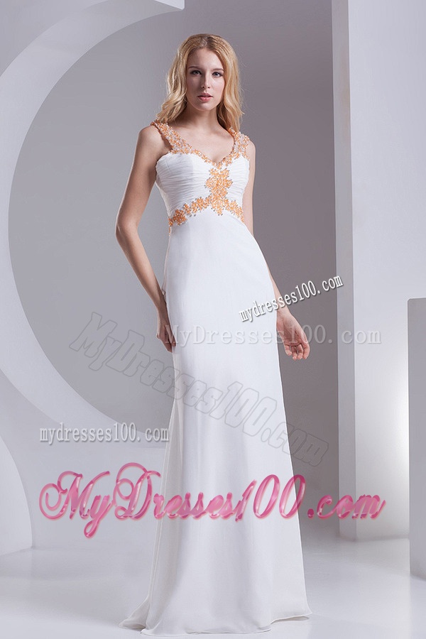 Column Straps Chiffon Appliques and Ruching White Evening Dress