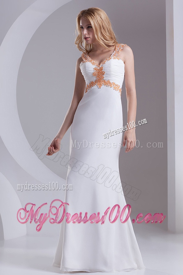 Column Straps Chiffon Appliques and Ruching White Evening Dress
