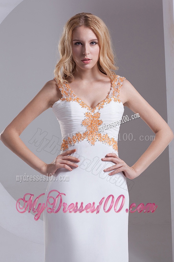 Column Straps Chiffon Appliques and Ruching White Evening Dress