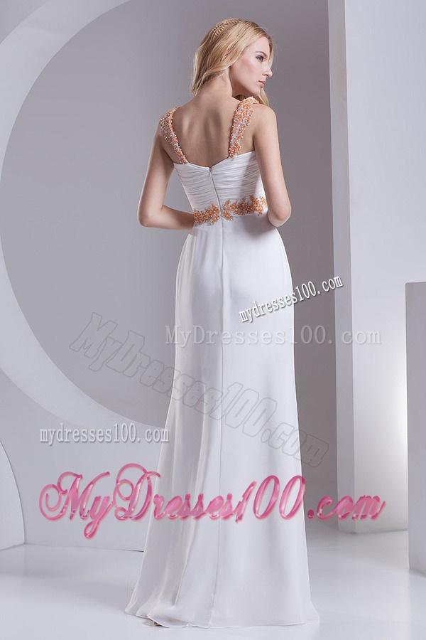 Column Straps Chiffon Appliques and Ruching White Evening Dress
