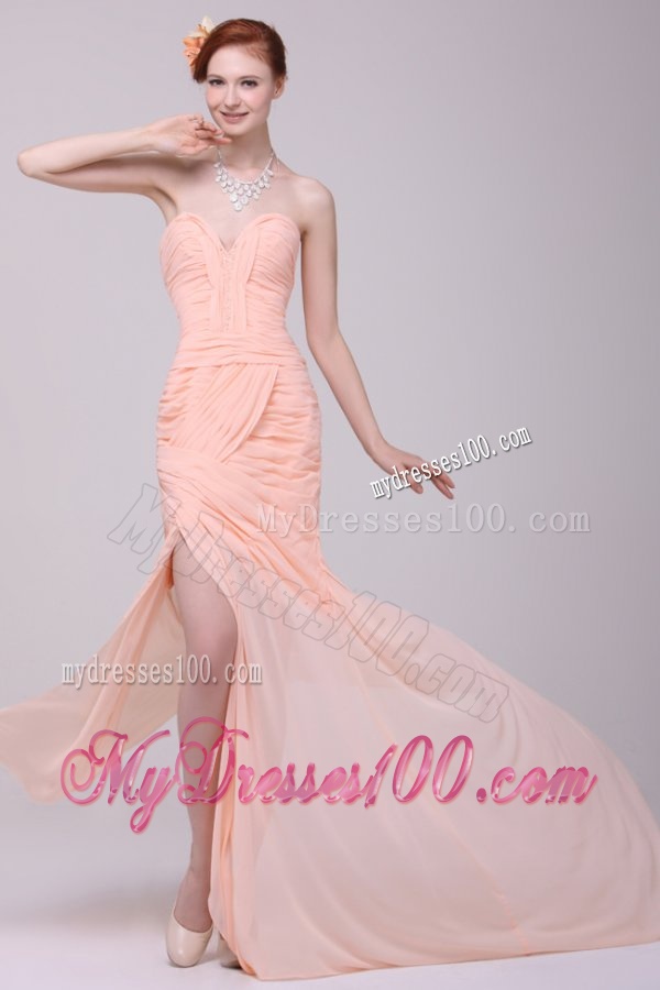 Column Sweetheart Beaded and Ruched Peach Evening Dress with High Silt