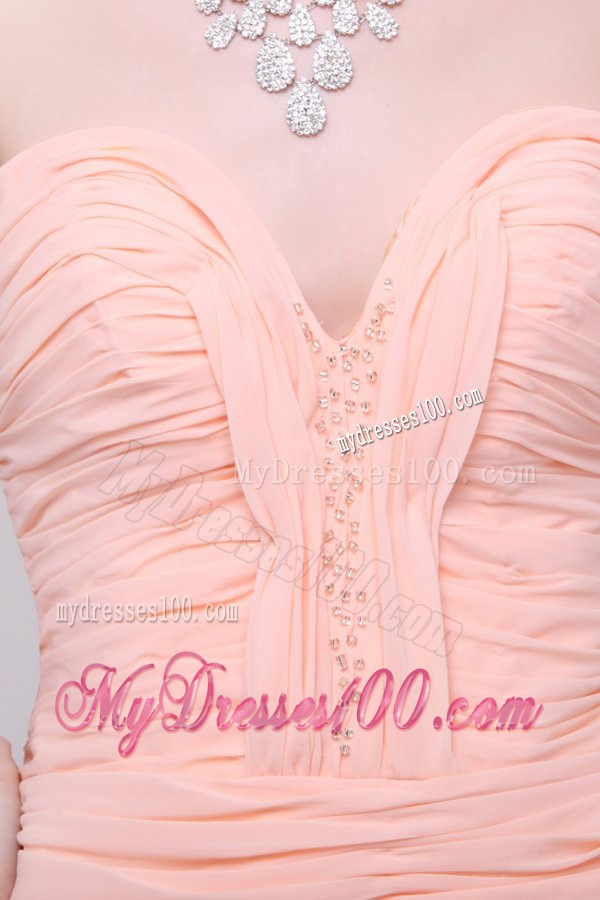Column Sweetheart Beaded and Ruched Peach Evening Dress with High Silt