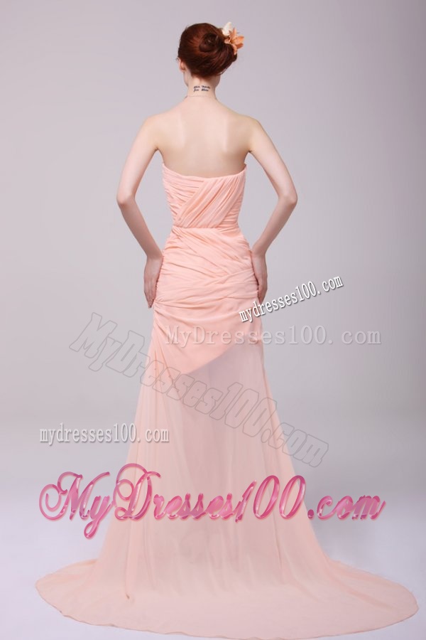 Column Sweetheart Beaded and Ruched Peach Evening Dress with High Silt