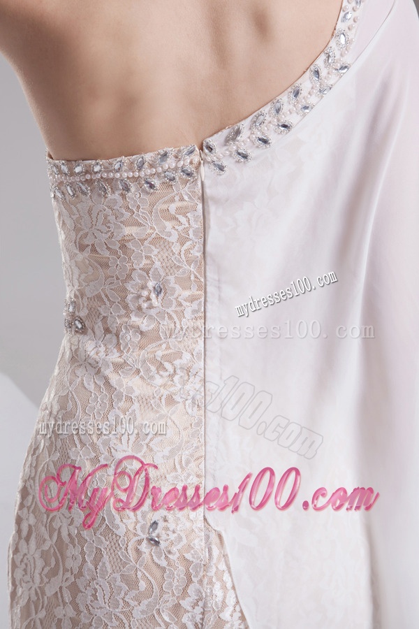 Column White One Shoulder Chiffon Evening Dress with Beading and Lace