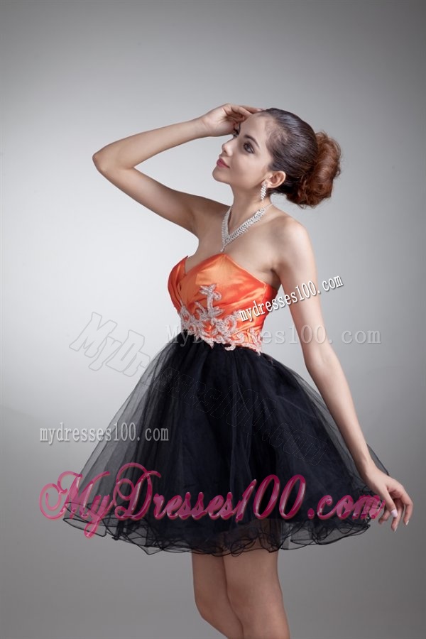 Cute A-line Sweetheart Orange Mini-length Tulle Appliques Evening Dress