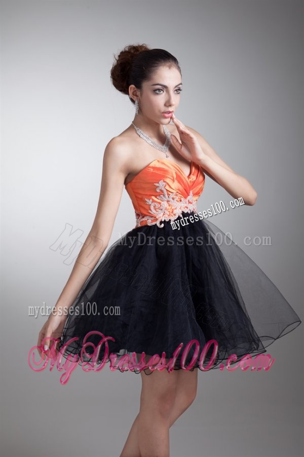 Cute A-line Sweetheart Orange Mini-length Tulle Appliques Evening Dress