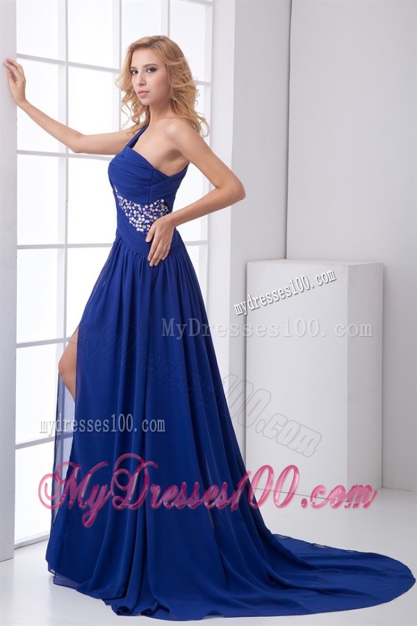 Elegant Empire One Shoulder Brush Train Beading Criss Cross Chiffon Blue Evening Dress
