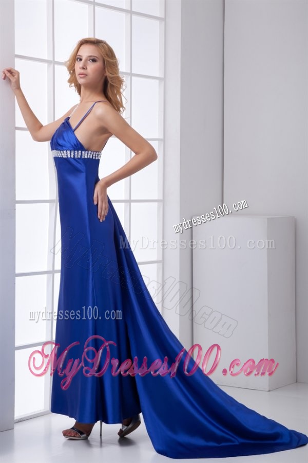Elegant Empire One Shoulder Brush Train Beading Criss Cross Chiffon Blue Evening Dress