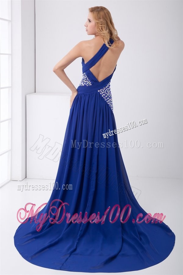 Elegant Empire One Shoulder Brush Train Beading Criss Cross Chiffon Blue Evening Dress
