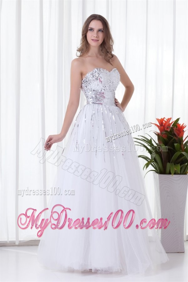 Elegant White A-line Sweetheart Tulle Floor-length Paillette Evening Dress