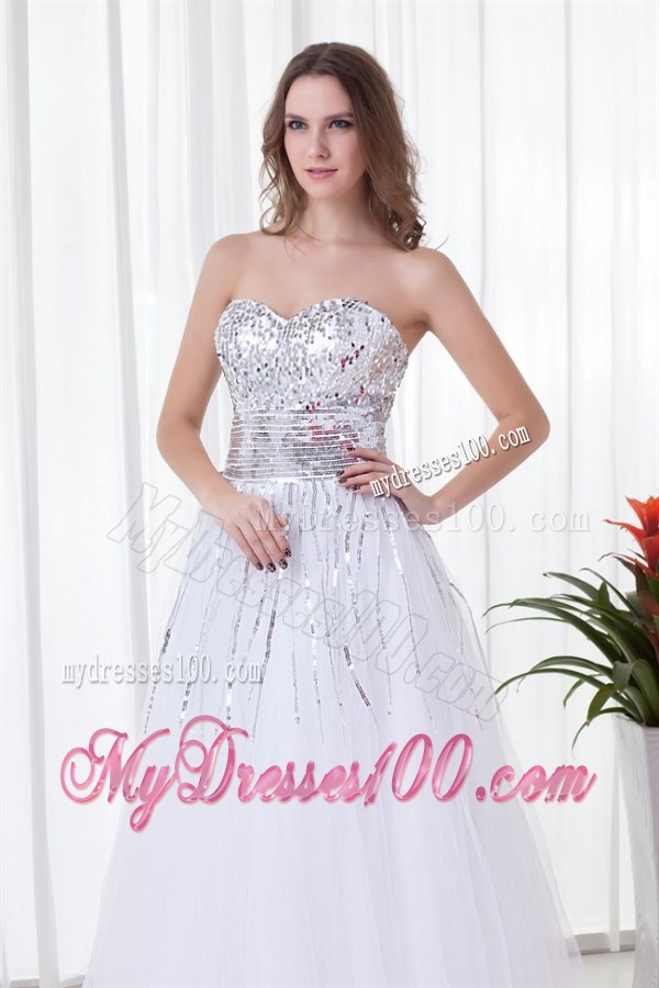 Elegant White A-line Sweetheart Tulle Floor-length Paillette Evening Dress