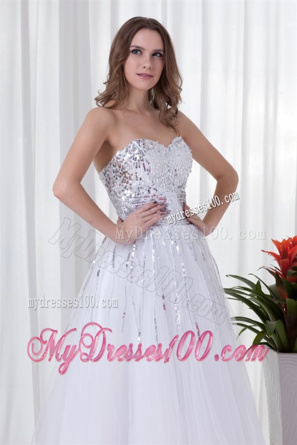 Elegant White A-line Sweetheart Tulle Floor-length Paillette Evening Dress