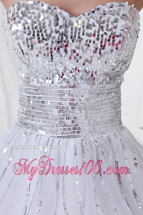Elegant White A-line Sweetheart Tulle Floor-length Paillette Evening Dress