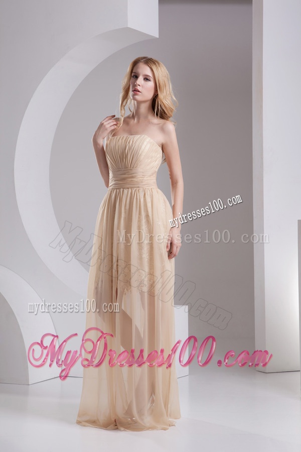 Empire Champagne Strapless Chiffon Evening Dress with Ruching