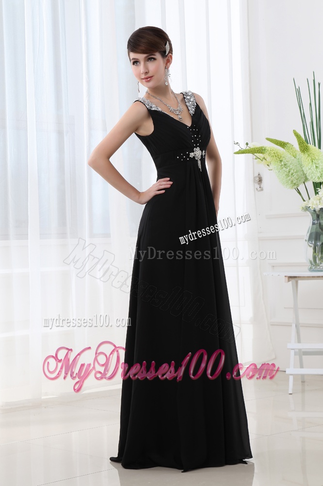 Empire Chiffon Floor-length V-neck Black Beading And Ruching Evening Dress