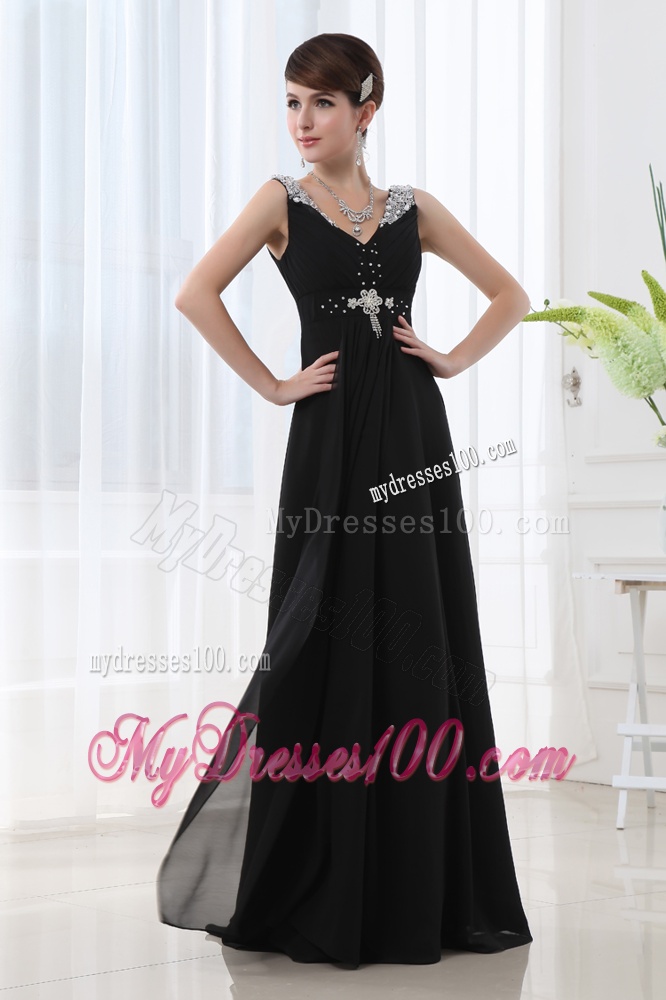 Empire Chiffon Floor-length V-neck Black Beading And Ruching Evening Dress