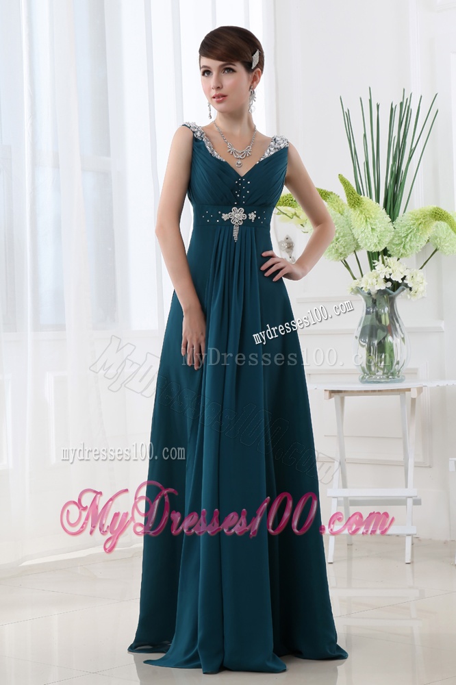 Empire Chiffon Floor-length V-neck Black Beading And Ruching Evening Dress