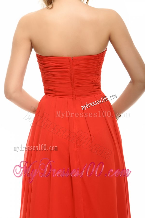 Empire Coral Red Strapless Beading and Ruching Evening Dress