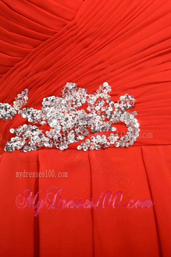 Empire Coral Red Strapless Beading and Ruching Evening Dress