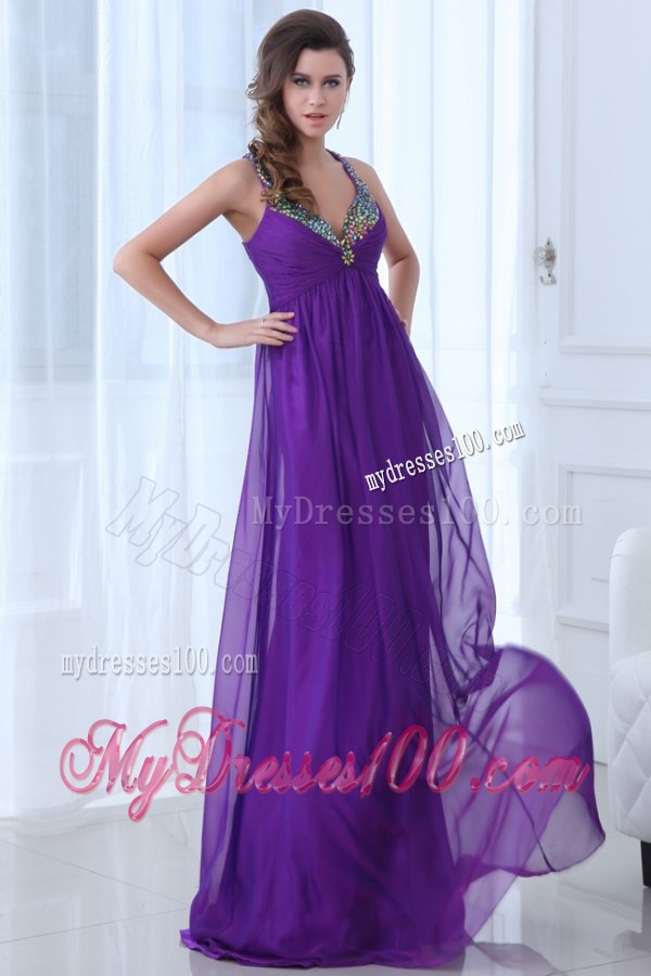 Empire Eggplant Purple Beading Straps Ruching Chiffon Evening Dress