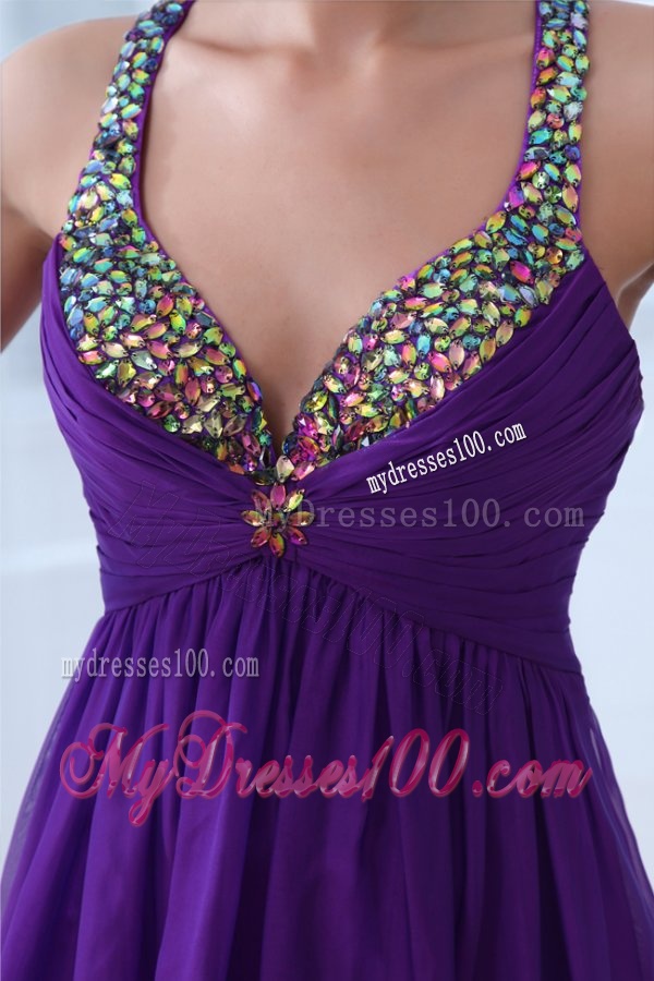 Empire Eggplant Purple Beading Straps Ruching Chiffon Evening Dress