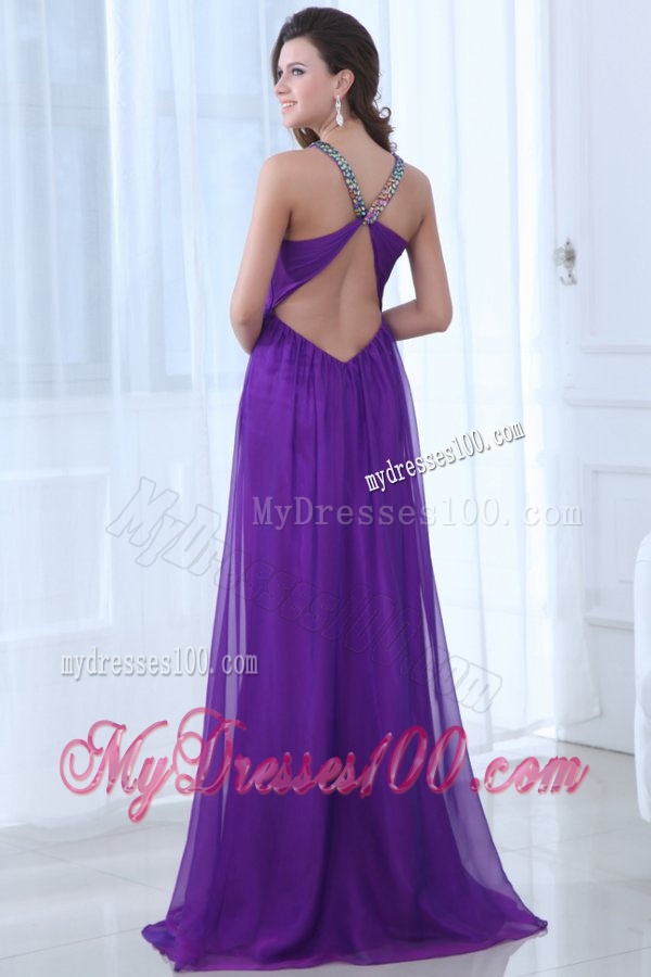 Empire Eggplant Purple Beading Straps Ruching Chiffon Evening Dress