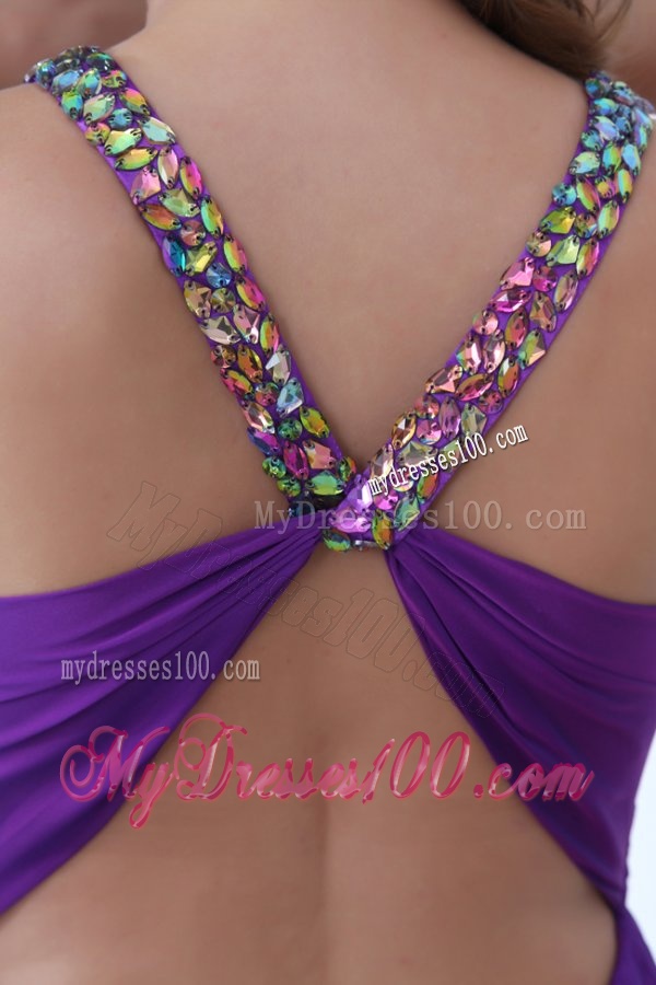 Empire Eggplant Purple Beading Straps Ruching Chiffon Evening Dress