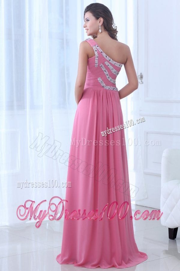 Empire One Shoulder Rose Pink Ruching and Beading Chiffon Evening Dress