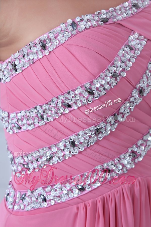 Empire One Shoulder Rose Pink Ruching and Beading Chiffon Evening Dress