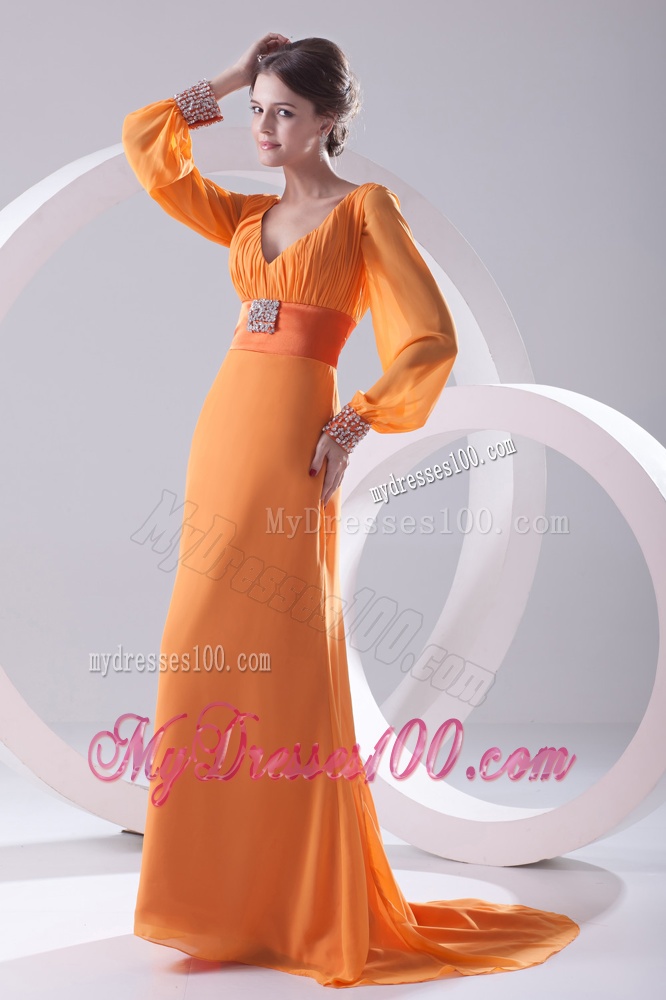 Empire Orange V-neck Long Sleeves Evening Dress with Beading and Ruching