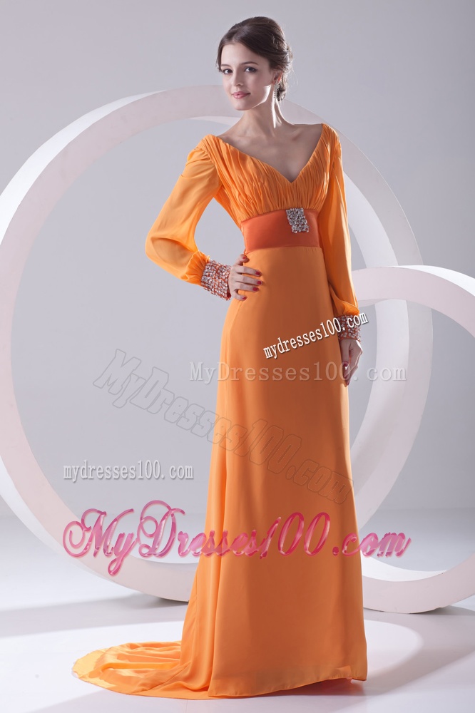 Empire Orange V-neck Long Sleeves Evening Dress with Beading and Ruching