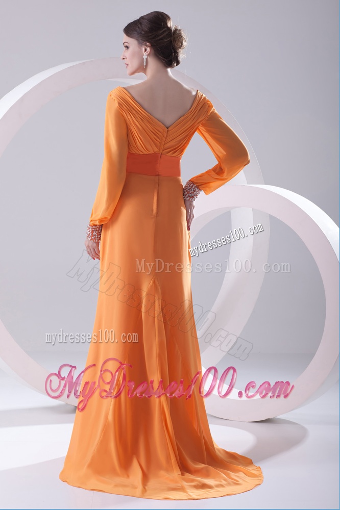 Empire Orange V-neck Long Sleeves Evening Dress with Beading and Ruching